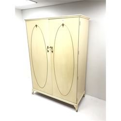 French style cream painted double wardrobe, two doors enclosing  single shelf and hanging rails, cabriole feet 
