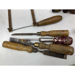 Quantity of woodworking tools, comprising hand drills to include Stanley No. 803 and No. 5803, Qualcast Clipper etc, together with collection of planes to include moulding examples and rebate plane of stepped form, and further tools including chisels etc