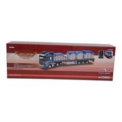 Two Corgi Hauliers of Renown 1:50 scale diecast model lorries, comprising CC15301 Scania 111 Tandom Axle Box Van Montgomery Transport and CC14112 DAF 105 Flatbed & Cement Block Load Keith Murray Transport, both boxed