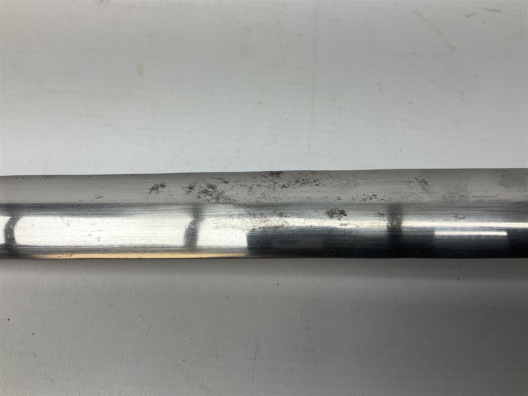 Reproduction Scottish basket hilted broadsword with 85cm double edged steel blade and red lined basket hilt with wire bound grip, in white metal mounted leather scabbard 107cm overall