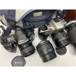 Four Minolta camera bodies, to include Dynax 500si, serial no. 94812651 with 'Signa Zoom 1;3.5-4.5 f=28-70mm' lens, Maxxum 300si, serial no. 97821665, with 'Tamron AF 80-210mm' lens and Dynax 300si, serial no 01603265'  with Minolta AF Power Zoom 35-80mm 1;4' lens, etc, together with Pantax MV1 camera bodies and other camera equipment 