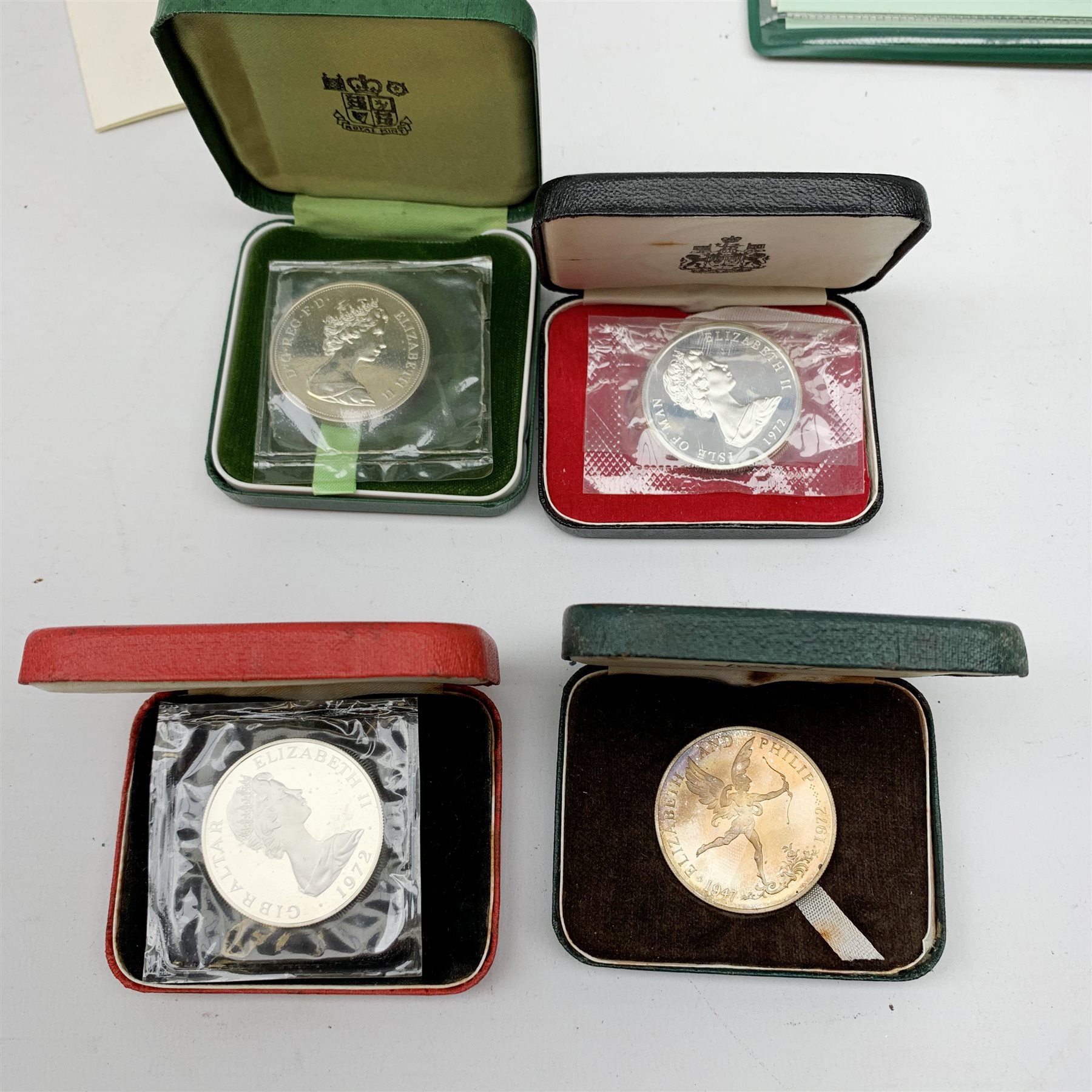  Queen Elizabeth II Cook Islands 1977 five dollars commemorative coin and stamp first day cover and five commemorative Silver Wedding Anniversary coins from various Countries, all being dated 1972, each individually cased (6)  