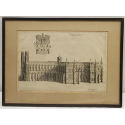 Daniel King (British c.1616-1661): Beverley Minster, 17th/18th century engraving 21cm x 31cm; Tom Harland (British 1945-2012): 'Winter Sunrise North Ferriby' and 'April Showers St Mary's Beverley', two colour prints signed in pencil, max 38cm x 45cm (3)