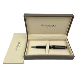 Montegrappa NeroUno rollerball pen, the black barrel and cap of octagonal form with dark chrome mounts and clip with roller, in box, L14cm