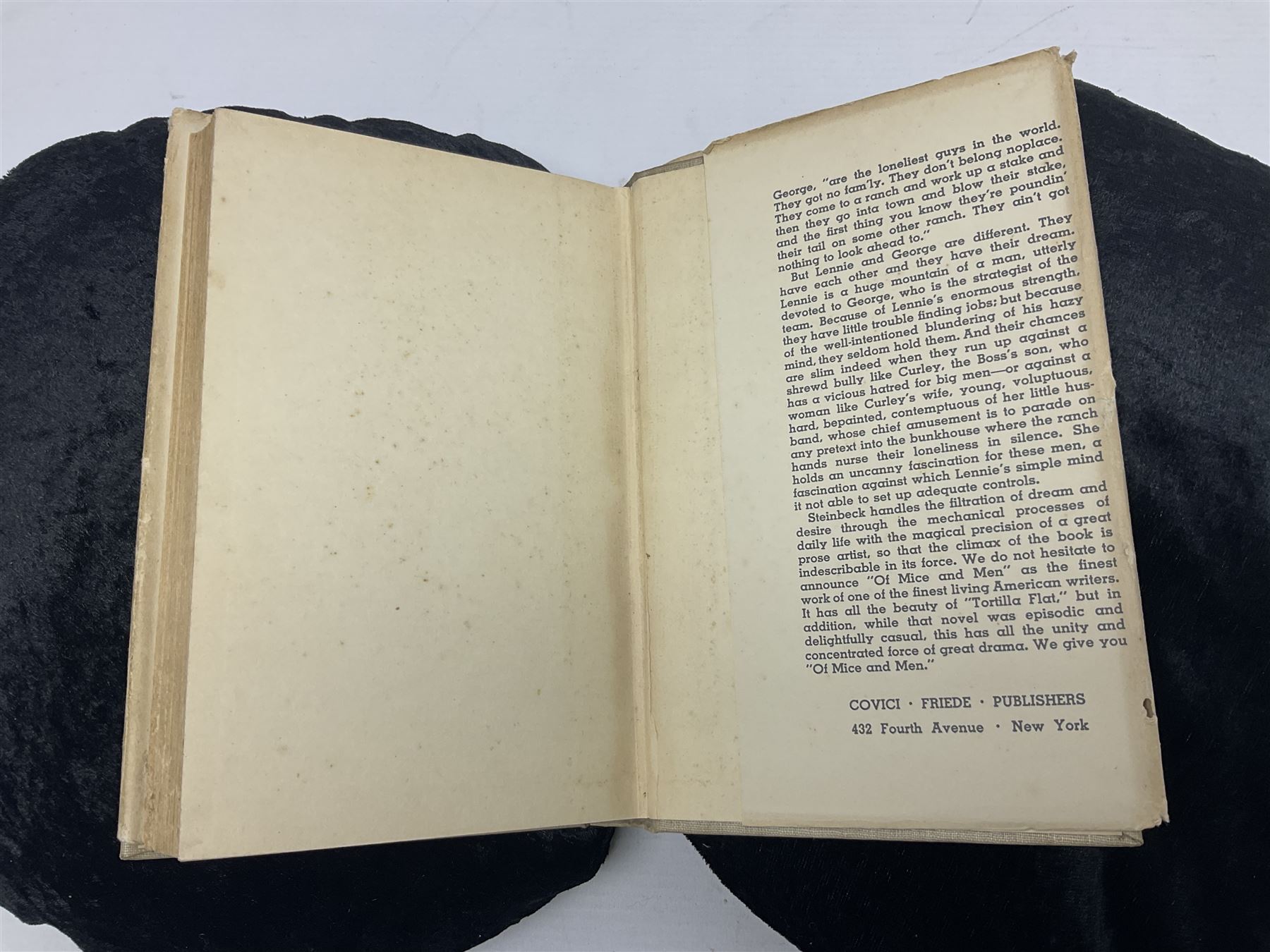 John Steinbeck; Of Mice and Men, first edition, second printing, New York: Covici Friede, 1937, 2nd printing with 'loosely' to page 9 and The Moon is Down, fist edition, Windmill Press, Surrey 1942