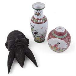 Carved wooden mask of a man with beard, together with Chinses ginger jar, decorated with p...