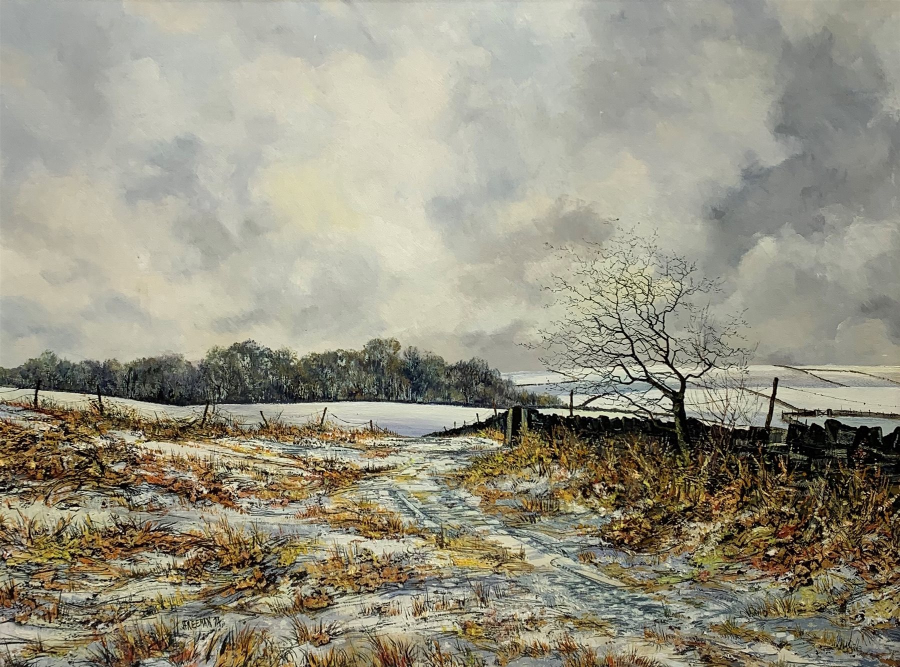 John Freeman (British 1942-): Winter Landscape on the North Yorkshire Moors, oil on board with impasto signed and dated '74, 44cm x 59cm
