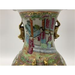 19th century Chinese Canton Famille Rose vase, decorated with figural panels against floral and foliate scroll ground, converted to a lamp, H46cm