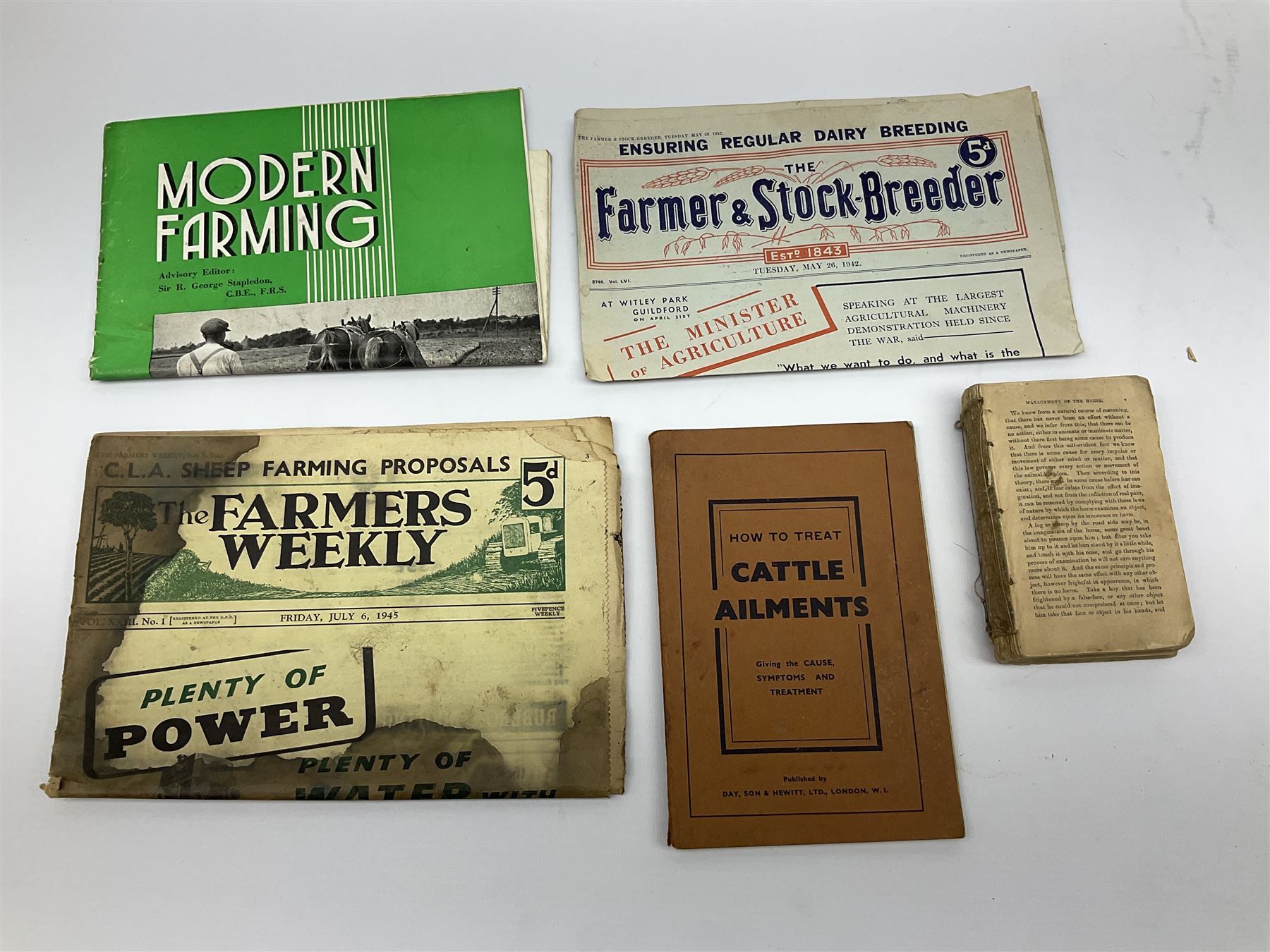 Veterinary fleams and other tools together with various veterinary books, including Hewthorn's Veterinary Guide, Farms and Farming - Vince, Veterinary Practice at Home, etc., and a collection of folding pocket knives, pen knives, hunting knife, etc.