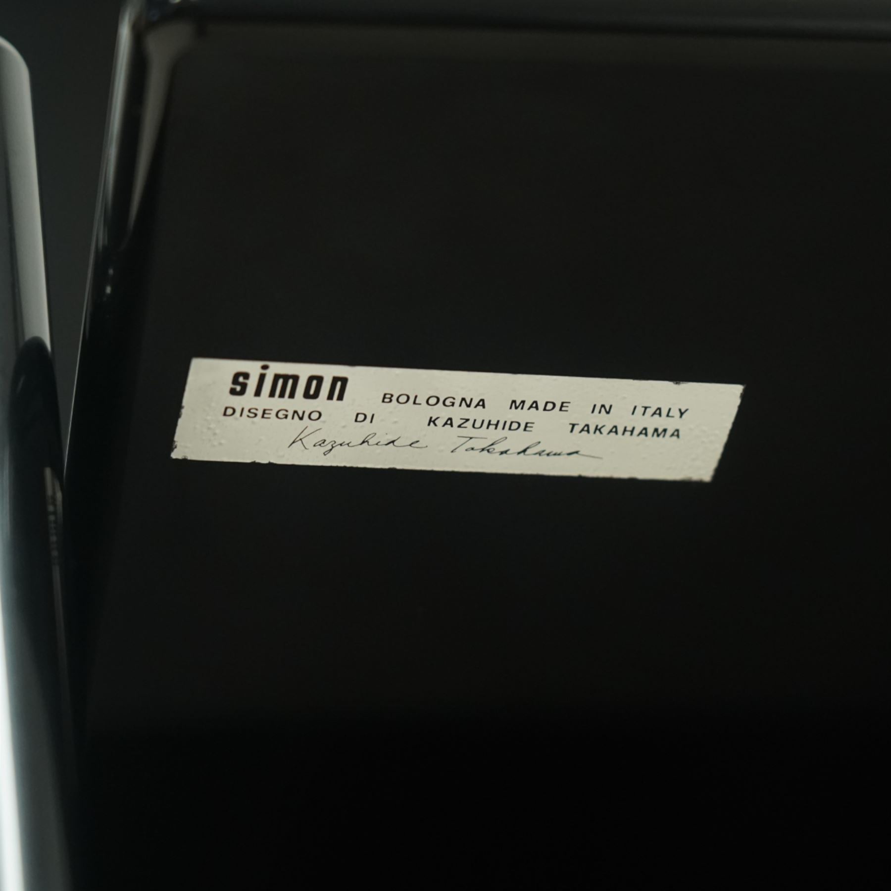 Kazuhide Takahama for Simon Gavina - set of six 1970's Italian designer black lacquered 'Kazuki' dining chairs, high slanted back over rectangular seats and broad panelled side supports, labelled to underside