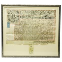 George I indenture on vellum in black ink with ornate headline and engraved portrait of Ge...