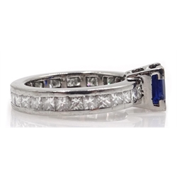  18ct white gold square cut sapphire ring with channel set diamond shank, stamped 750  