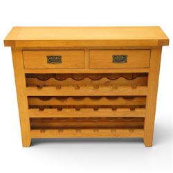 Contemporary solid oak wine rack console table, rectangular top fitted with two drawers, o...