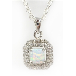 Silver opal and cubic zirconia pendant necklace stamped 925