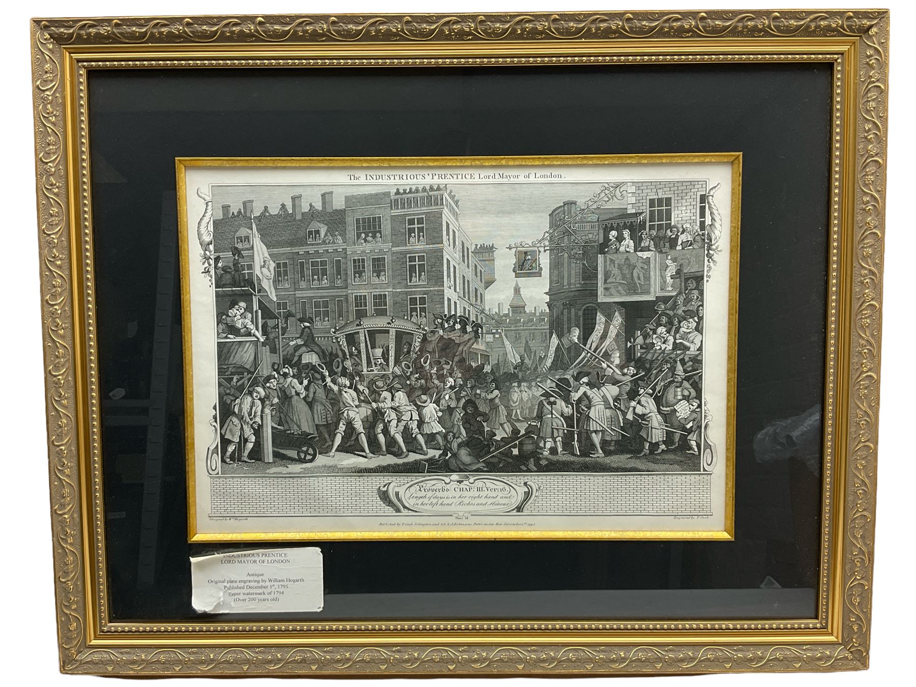 William Hogarth (British 1697-1764): 'The Industrious Prentice Lord Mayor of London' Plate 12 from the Industry and Idleness series, engraving pub. c.1802, certificate of authenticity verso 28cm x 41cm