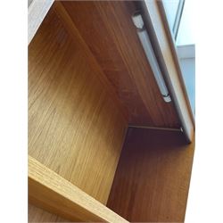 G-Plan teak two sectional modular wall display cabinet, fitted with sliding glass doors, double cupboard and three drawers