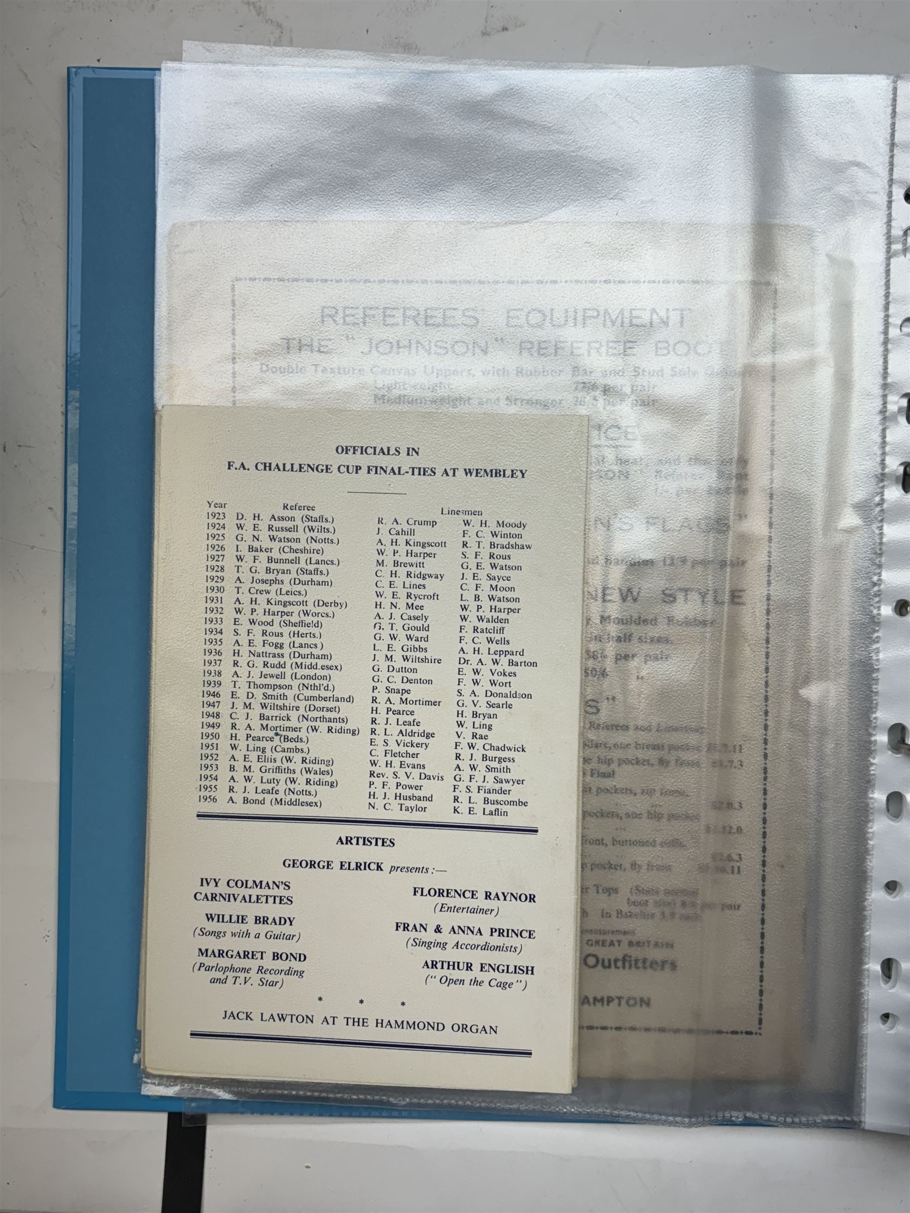 Collection of football memorabilia belonging and relating to the Hull based referee Frank Coultas, including 9ct gold Referee's medal for the 1957 Aston Villa v Manchester United FA Cup Final, inscribed 'The Football Association, F.B Coultas, F.A. Challenge Cup Competition, Final Tie 1957', hallmarked and in original case; the kit worn by him to referee the 1957 FA Cup Final and ephemera relating to the match including photographs, programmes and tickets; together with other football memorabilia collected by Frank Coultas, including programmes, photograph and ticket stubs, with some items relating to the 'Busby Babes'