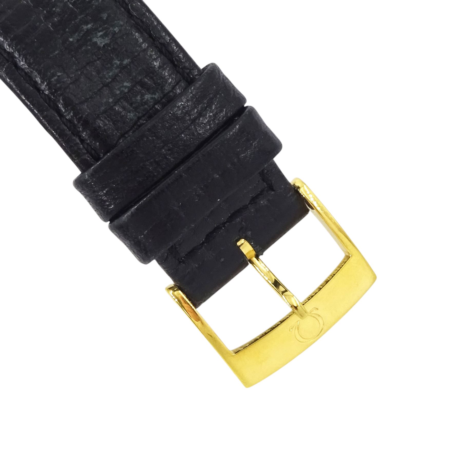 Omega Seamaster gentleman's gold-plated and stainless steel quartz wristwatch, Ref. 196.0126, Cal. 1345, black dial with baton hour markers and day - date aperture, on Omega black leather strap with buckle, boxed with Omega repair receipt dated 2023