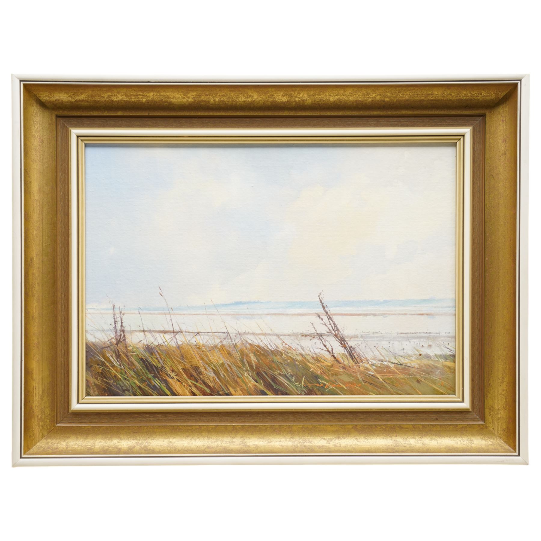 Tom Harland (Yorkshire 1945-2012): 'Calm on the Humber', oil on board signed, titled verso 30cm x 44cm
Provenance: with Ladygate Gallery, Beverley