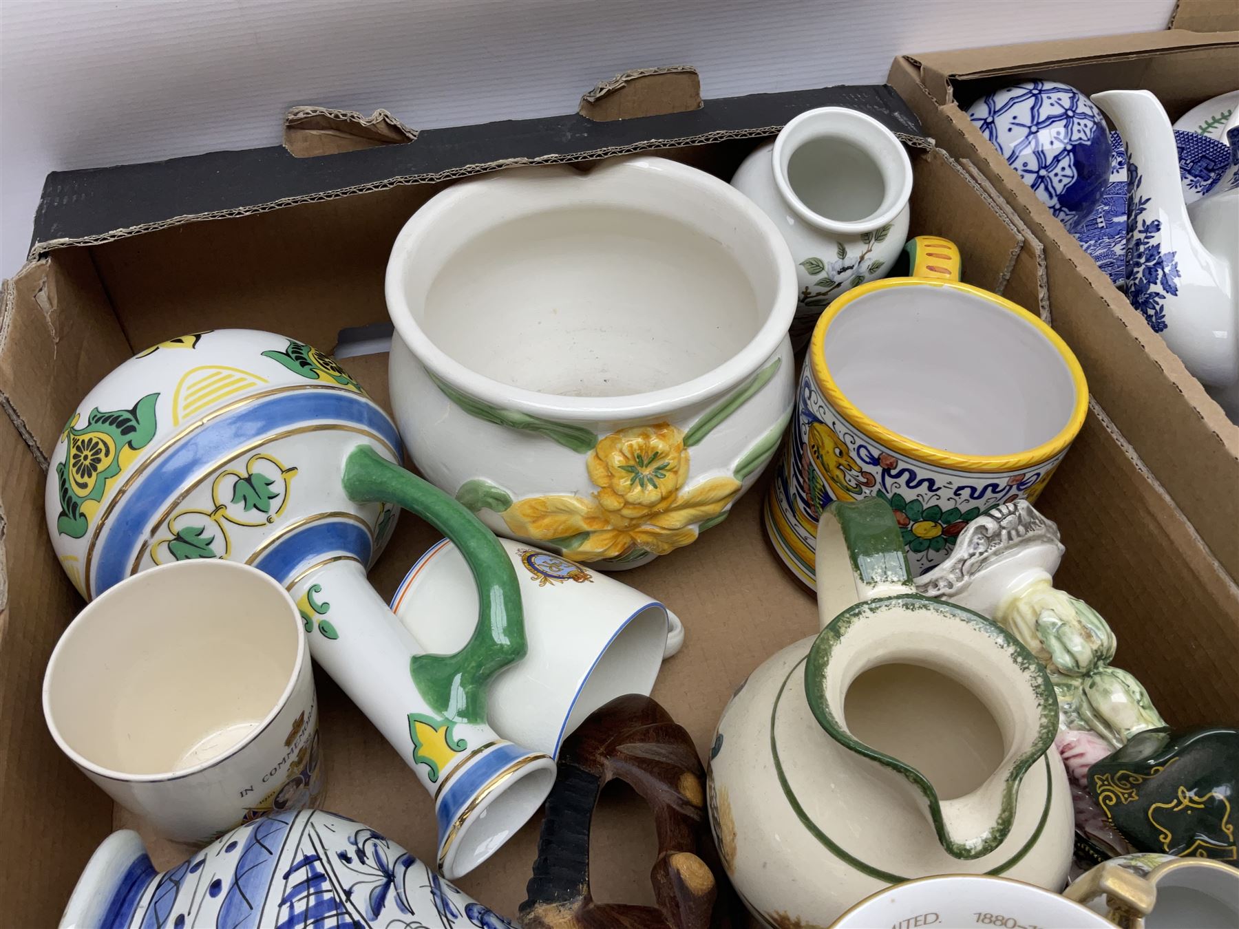 Wedgwood jasperware trinket box, commemorative ware, blue and white ceramics and a collection of other ceramics and collectables in five boxes