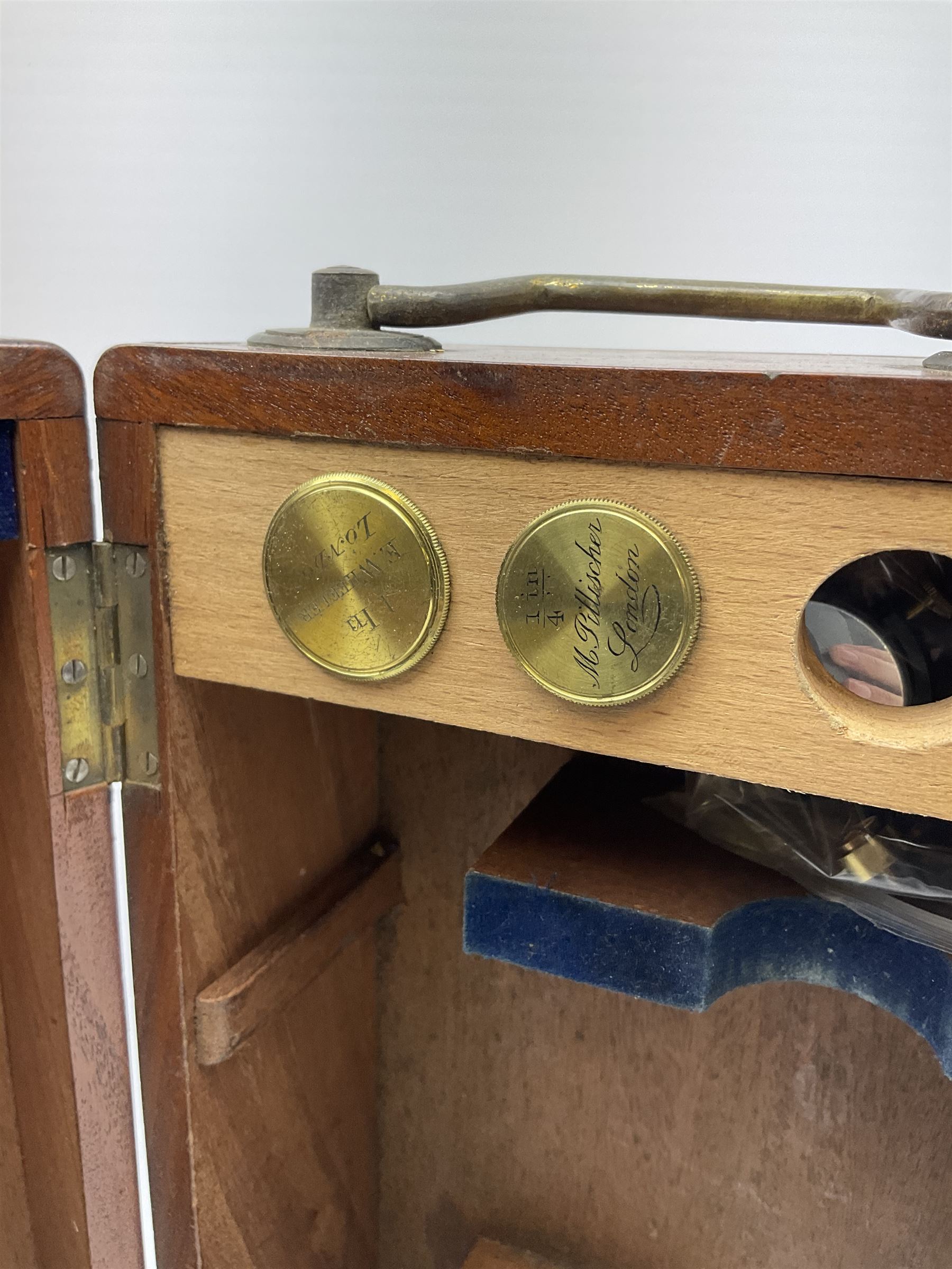 19th century lacquered brass monocular microscope by Moritz Pillischer No.1795 in fitted mahogany box with carrying handle and two additional lenses 