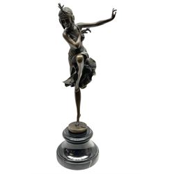 Art Deco style bronze after Dimetri H Chiparus, modelled as a dancing flapper girl, signed and with foundry mark, upon black marble socle base, overall H39.5cm
