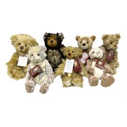 Seven Charlie Bears, comprising limited edition Anniversary Cheesecake SJ5471, designed by Isabelle lee, 431/500, Nuala CB185169, Liddy CB161648A, Philomena CB151592, and AJ CB171784B, each designed by Isabelle Lee, plus Shenanigans CB205243O, and another example lacking tag 