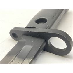 British Army L1A3 SLR Self Loading Rifle bayonet, with 20.5cm Bowie type fullered blade, hooked pommel with working push release button, grip secured by two deeply recessed rivets and marked L1A3 9600257 D71; in matching black scabbard L32.5cm overall