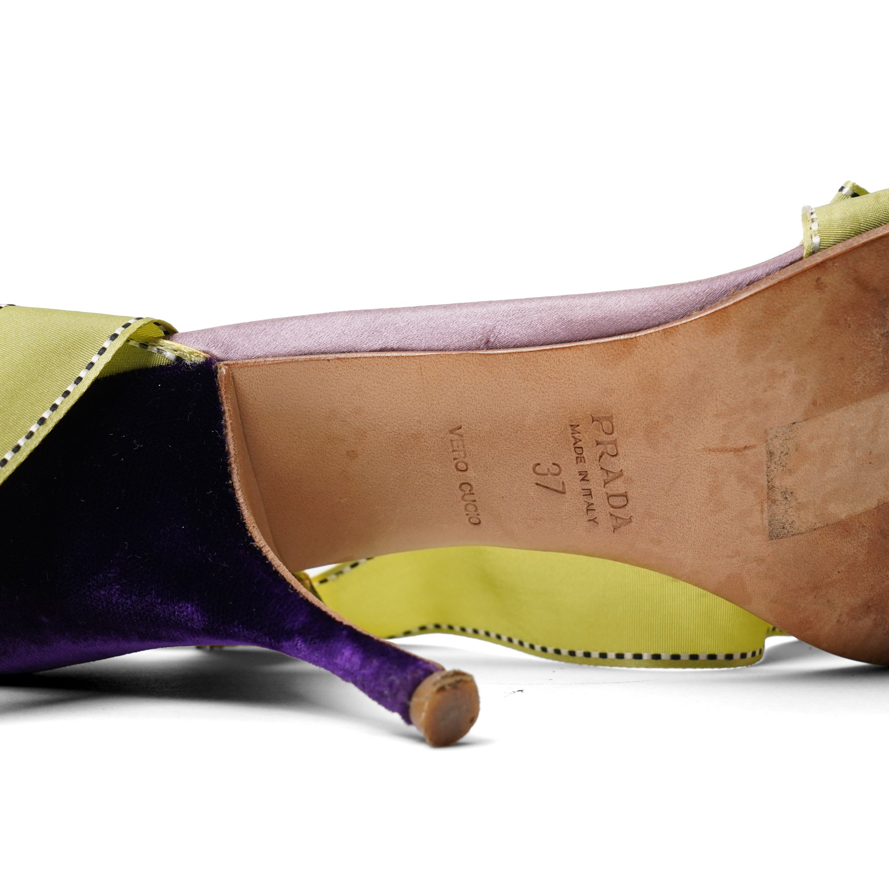 Prada - two pairs of satin slingback heels of the same model, each with ribbon bow detail and contrasting velvet-covered stiletto heels, comprising a lime green and purple pair and a pale pink and red pair, both size 37, with leather soles, one pair appearing little worn, with Prada dust bags and boxes (2)