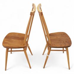 Ercol - Pair of high back Windsor kitchen chairs, elm seats with beech stick backs and legs, shaped saddle seats and turned stretchers