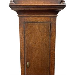 Gilbert Kidd of Malton (North Yorkshire) - late 18th century oak 8-day longcase clock c1780,  with a tall double caddy top and later brass ball and spire finials, break arch hood door beneath with attached pilasters and wooden capitals,  plain trunk with a long flat topped door, raised on a square plinth with applied skirting,  brass break arch dial with the makers name to the silvered boss in the break arch, engraved and silvered dial centre and chapter ring, with cast spandrels and matching steel hands, subsidiary seconds dial and square calendar aperture, dial pinned directly to a rack striking movement with a recoil anchor escapement, sounding the hours on a cast bell. With pendulum and weights.
The Kidd family were a prolific family of provincial clockmakers working in Malton from the mid 18th century until the early 19th century. Many of their clocks are simply signed 