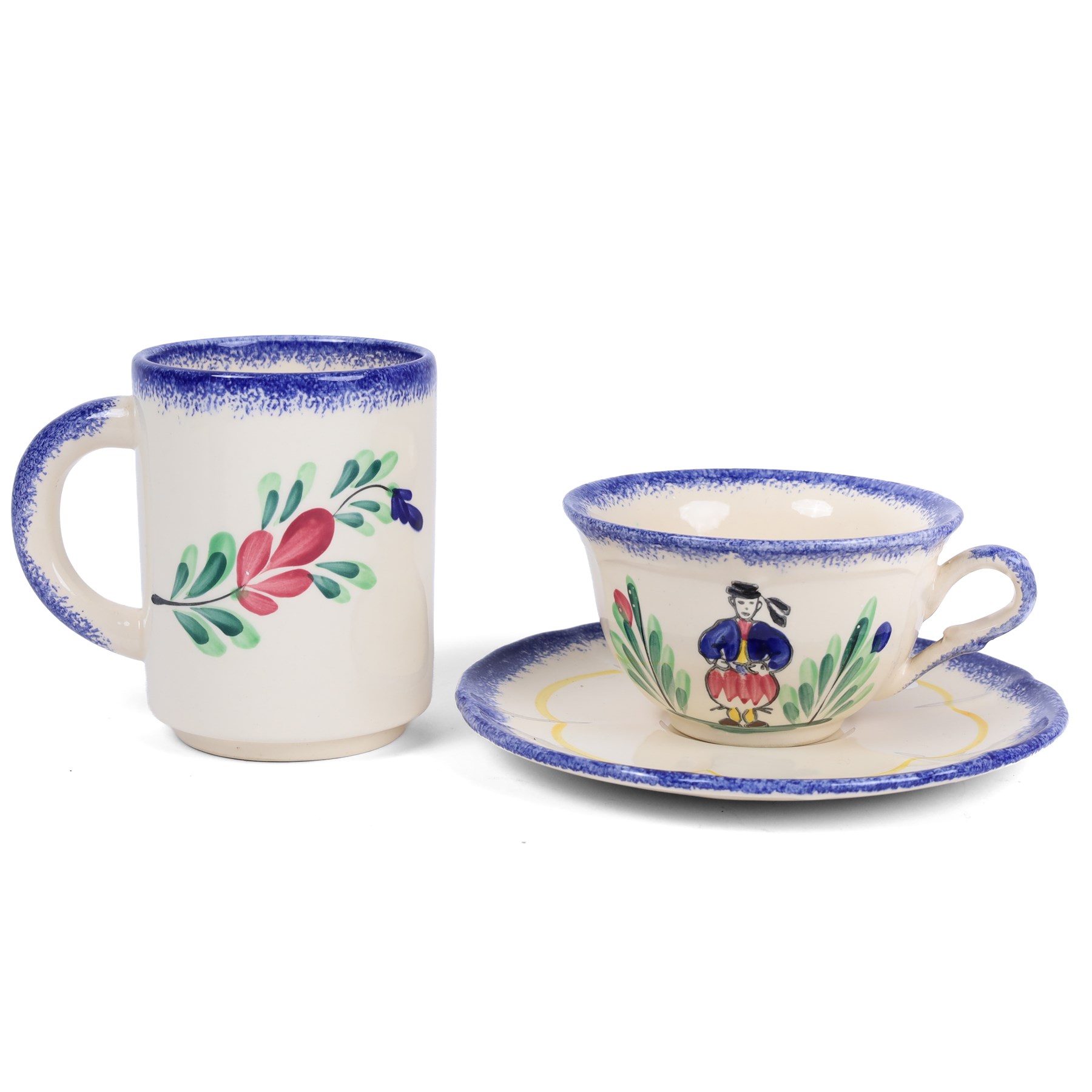 Two Kensington Potteries jugs, together with hand painted German bottle and Fousenant mug, cup and saucer 