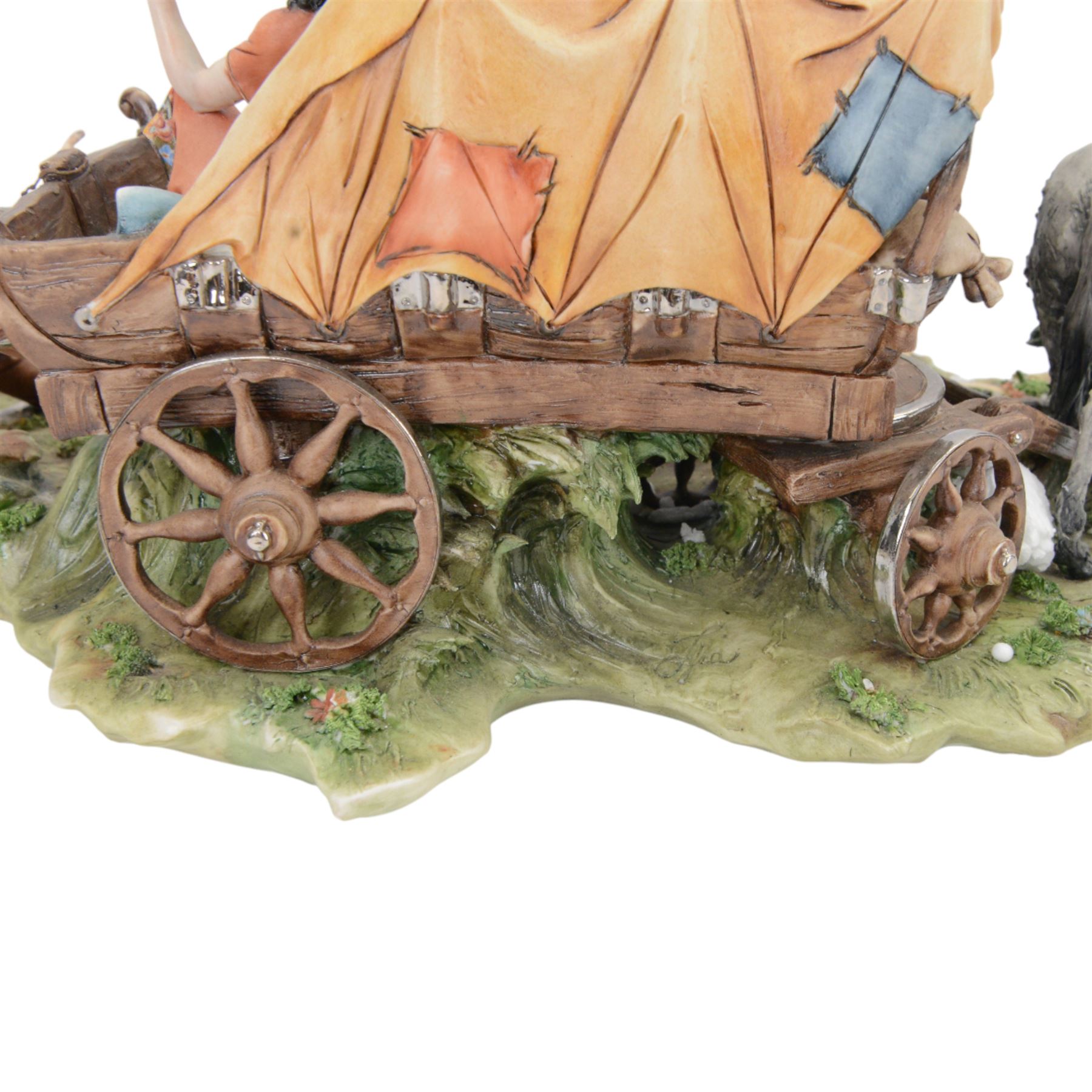 Capodimonte figural group of a gypsy encampment including wagon, cooking fire and people, H21cm