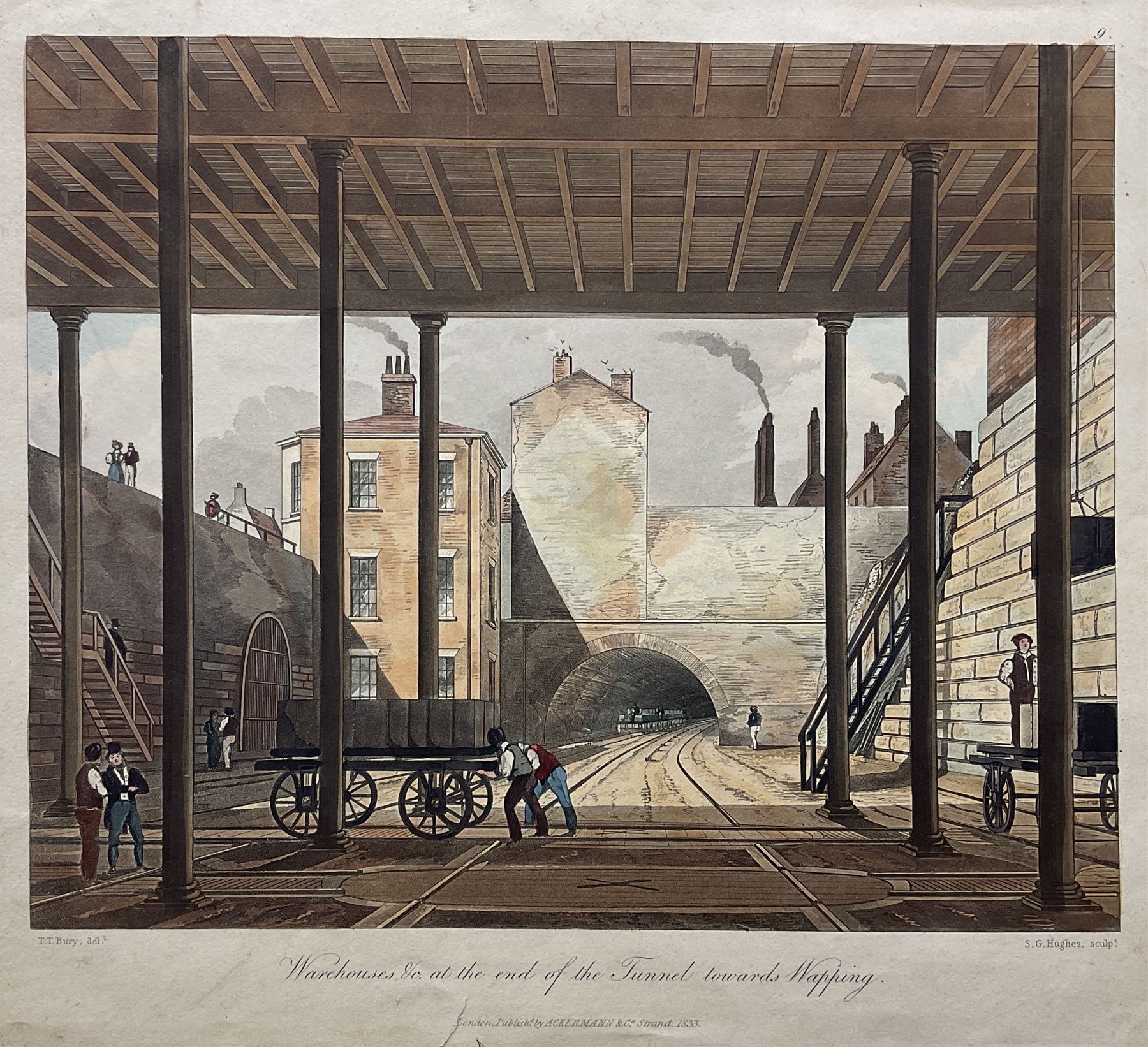 Henry Pyall and S G Hughes after Thomas Talbot Bury (British 1811-1877): Views on the Liverpool and Manchester Railway, twelve aquatints (two doubled up) with hand colouring pub. Ackermann c.1831-1833, 20cm x 25cm (12) (unframed)
Notes: Plates consist of: '[1] The Tunnel' (x2) (both 1831 and 1833 editions), '[2] Entrance of the Railway at Edge Hill Liverpool', '[3] Excavation of Olive Mount four miles from Liverpool', '[6] Entrance into Manchester across Water Street', '[8] Railway Office Liverpool', '[9] Warehouses at the end of the Tunnel towards Wapping' (x2) (both 1831 and 1833 editions), '[10] Moorish Arch looking from the Tunnel' '[11] Near Liverpool looking towards Manchester', '[12] Rainhill Bridge', '[13] Taking in Water at Parkside'.