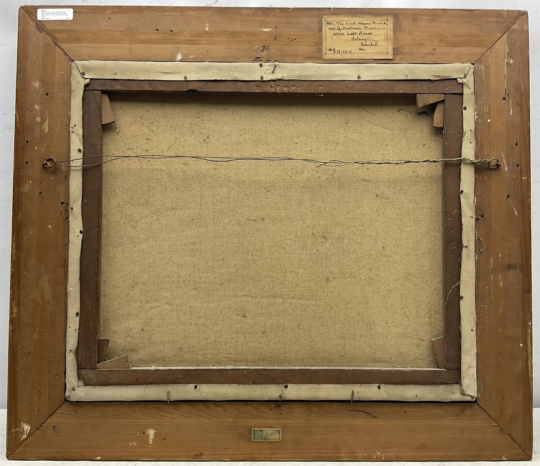 George Mortram Moorhouse (British 1882-1960): Huntsman and Hounds at 'The Kent - Hawes Bridge' Yorkshire Dales, oil on canvas signed and dated 1938, original title label with artist's Helsington, Kendal address verso 50cm x 60cm 
Notes: Moorhouse, often misspelled George Mottram Moorhouse, was a pupil of Sir William Orpen, Sir Frank Brangwyn, and Augustus John.