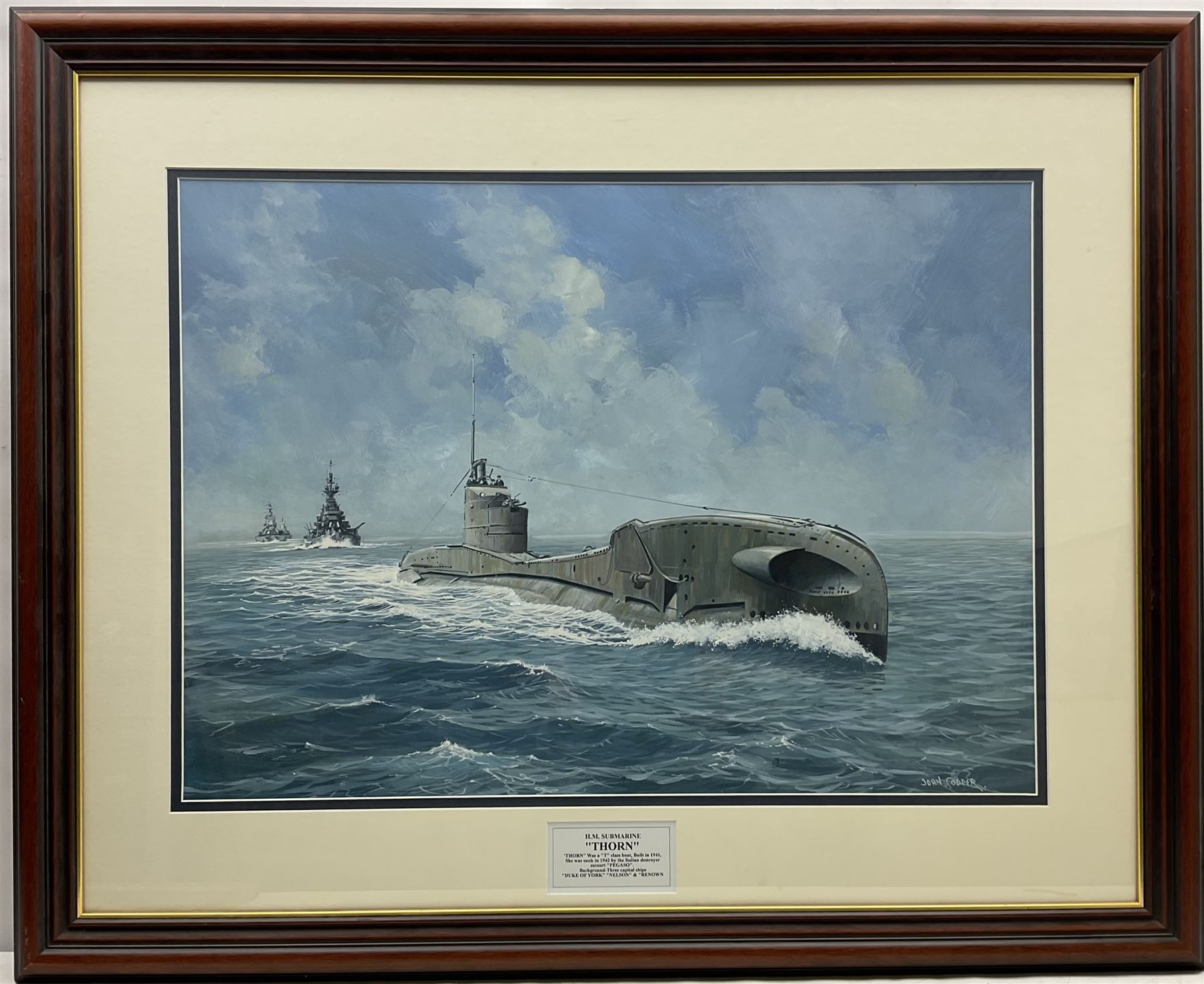 John Cooper (British 1942-): Ship's Portrait - HM Submarine 'Thorn', watercolour and gouache signed 53cm x 73cm
Notes: Thorn was a 'T' Class boat built in 1941, sunk in 1942 by Italian Destroyer escort 'Pegaso'.