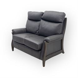 Rogers of York - two seat sofa, upholstered in grey leather with padded back and seat cushions, raised on stained beech supports