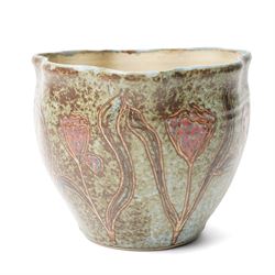 John Egerton (c1945-2024): Stoneware planter, decorated with carved flower motif, mottled blue background and scalloped rim, marked beneath, H18cm
