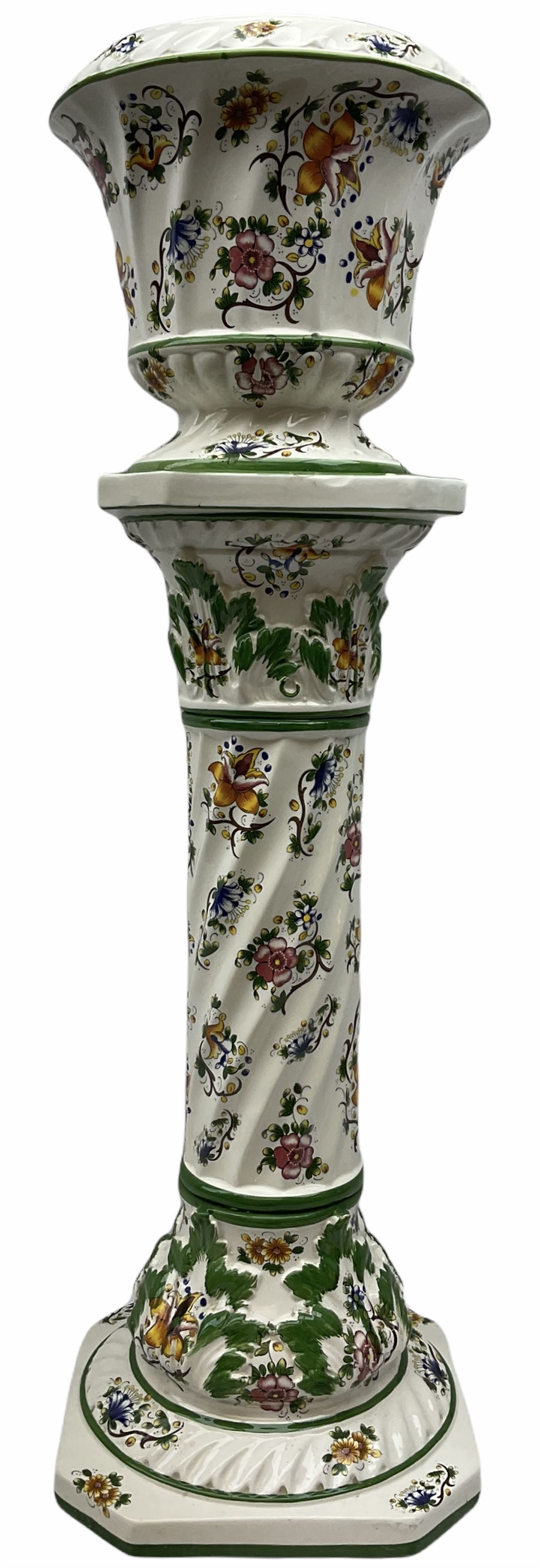 Capodimonte planter on stand with floral decoration, plater H26.5cm D25cm, stand 69cm. 