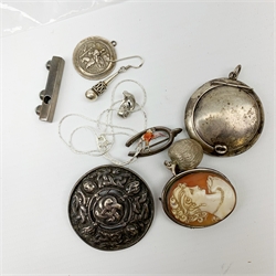A silver apple pendant, silver pendant necklace, silver Celtic designed circular brooch, silver enamelled Sparrow brooch, and silver compact, all hallmarked or stamped, together with a collection of Vintage and later costume jewellery. 