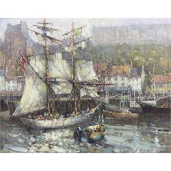 Donald Gray Midgely (British 1918-1995): 'Inca in Whitby Harbour', oil on canvas board signed, titled verso with artist's address label 44cm x 54cm 
Provenance: purchased directly from the artist by the vendor in 1984, original receipt verso