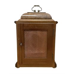 Elliot- late 20th century 8-day walnut bracket clock in an 18th century styled case, with a brass dial, brass spandrels and a slivered chapter ring, three train Westminster chiming movement with a lever balance escapement, chiming the quarters on eight gong rods.