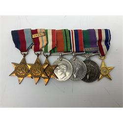 Group of five WW2 medals comprising 1939-1945 War Medal, Defence medal, 1939-1945 Star, Africa Star with 1st Army clasp and Italy Star, on medal bar with George VI General Service Medal with Malaya clasp and US Silver Star (with original issue case containing button-hole badge) awarded to Major J. Brock R.W.K. complete with set of miniatures and various ribbons; together with two 1930s Life Saving Medals, two RWK association 'jewels' of office, RWK regimental car mascot with additional inner crest etc