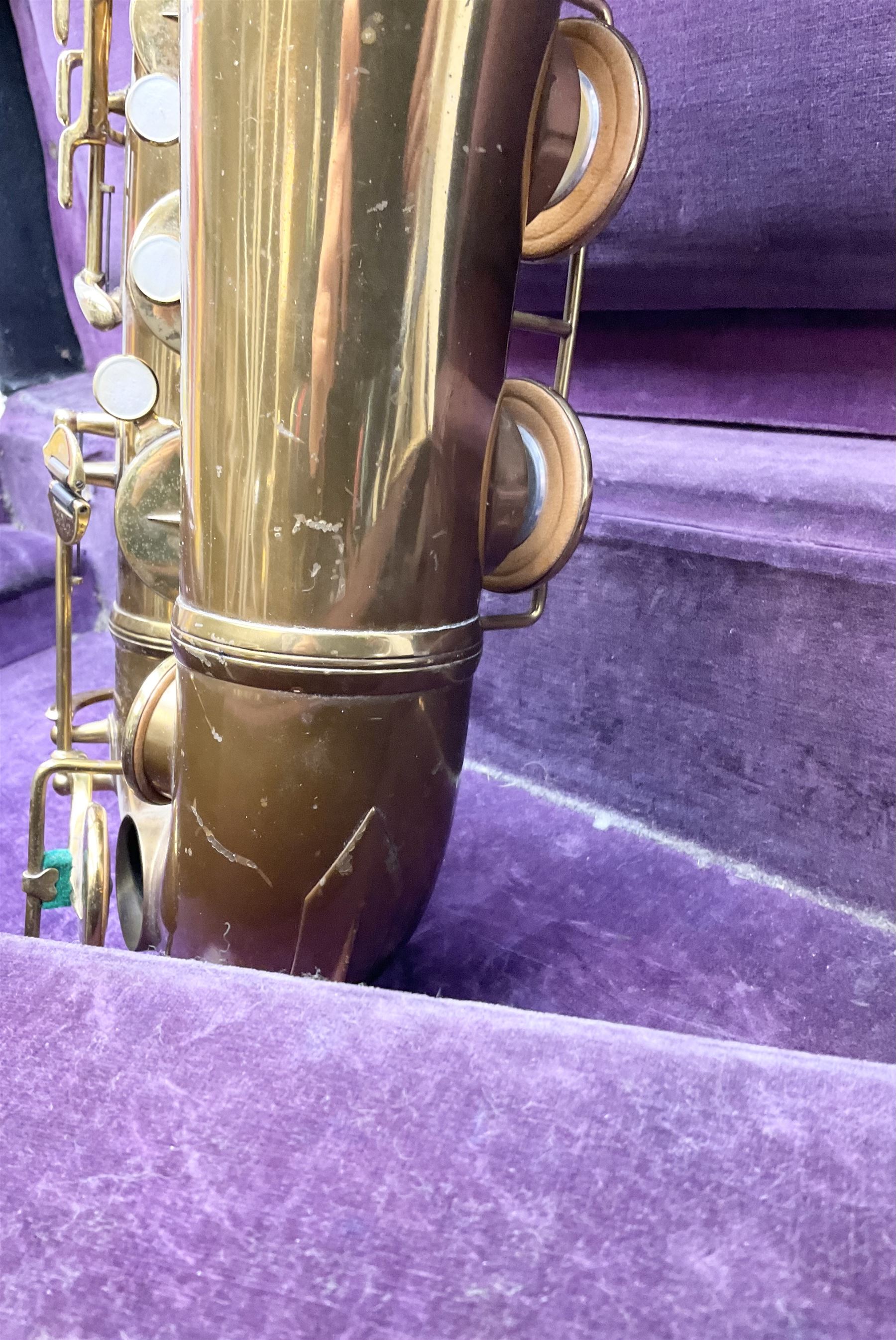 Brass tenor saxophone by Adolphe SAX, 84 Rue Myrha, Paris,  No.938 serial number 12097, H75cm excluding crook; in hard carrying case bearing plaque for Henri Selmer