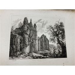 George Cuitt Jnr (British 1779-1854): 'Select parts of Kirkstall Abbey', complete set six etchings signed titled and dated 1823 in the plate, oblong folio; J Metcalf and J Carmichael (British 18th/19th century): 'Fountains Abbey Intended To Illustrate The Architecture And Pictureseque Scenery Of That Celebrated Ruin', seven etchings (one missing) pub. 1832 with Historical and Architectural Description by T Sopwith, oblong folio; Augostino Aglio (Italian 1777-1857): 'Sketches of the Interior & Temporary Decorations in Woolley-Hall Yorkshire', complete set 22 lithographs dated 1821, pub. by the artist, oblong folio max 54cm x 37cm (3)