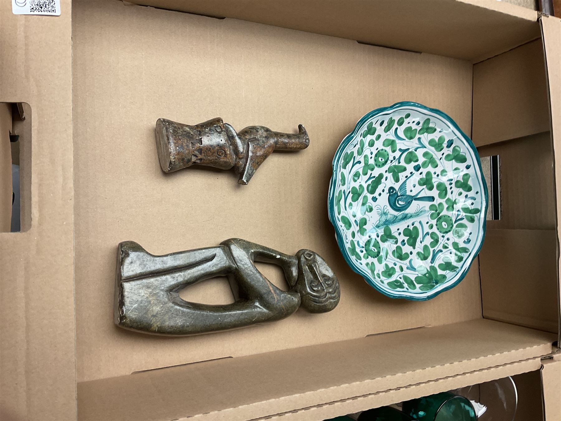 Doulton Lambeth twin handled harvest cup, together with two stone carved figures, glassware etc 