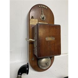 Two Hunningscone patent wall mounting telephones in walnut casing, together with Sterling Telephone & Electric Co. Ltd early wall-mounted telephone 'Primax' and one other 