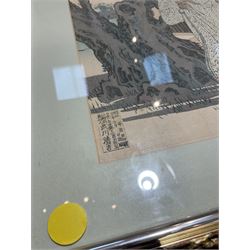 Yosai (Watanabe) Nobukazu (Japan 1872-1944): ‘The Sleeping Dragon Plum Tree At Kameido’, triptych woodblock print, together with four reproduction Japanese prints, another print, and a mirror (7)