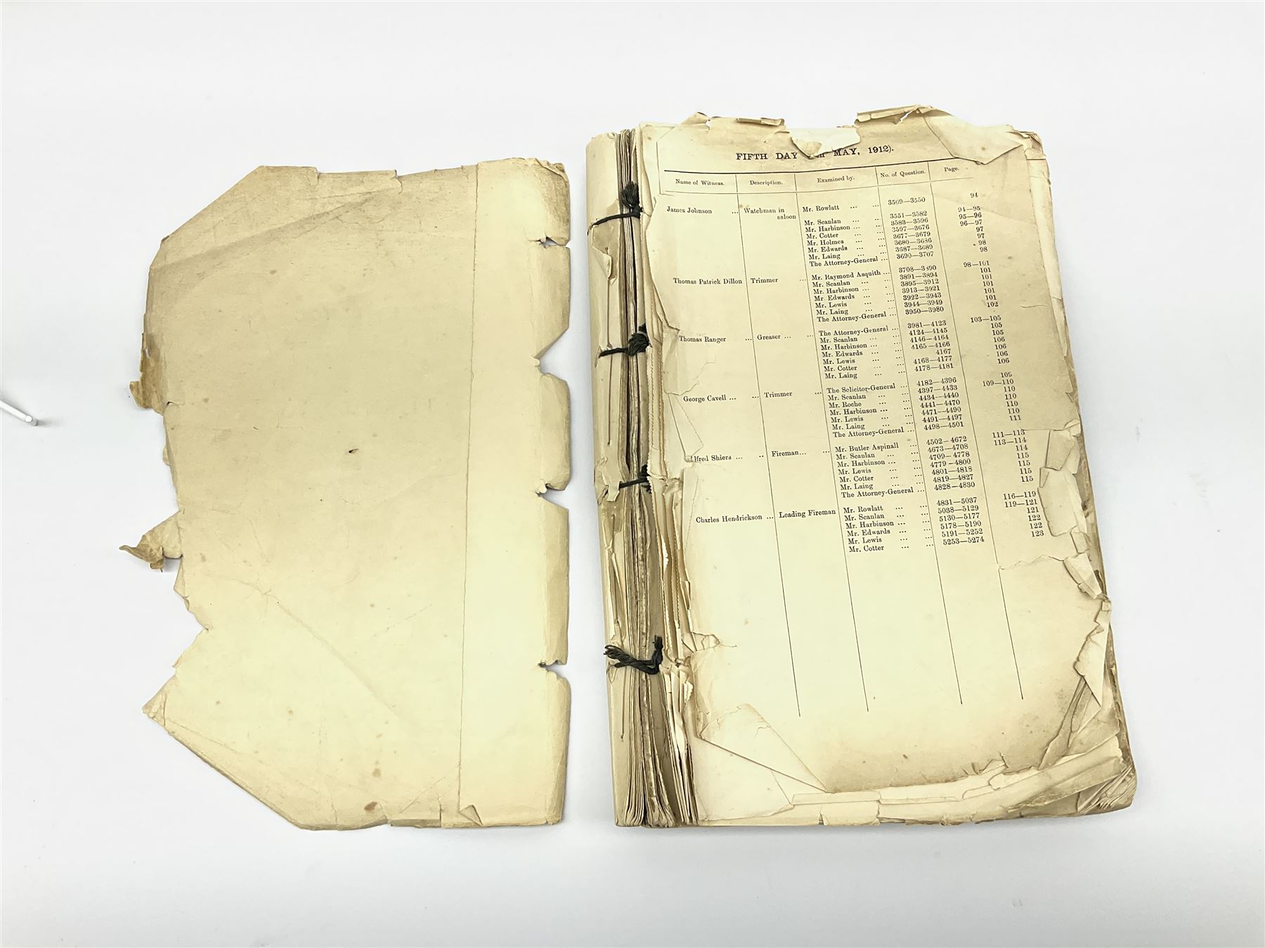 White Star line SS 'Titanic' - Proceedings Before The Right Hon. Lord Mersey, with Rear Admiral The Hon. S.A. Gough-Calthorpe C.V.O., R.N., et al. On a formal investigation ordered by the Board of Trade into the loss of the SS 'Titanic'. In the Wreck Commissioner's Court May/June 1912. Published by HMSO London. Unbound with hand written paper cover titled 'Evidence Given At 'Titanic' Inquiry 1st to 18th days. Incomplete - missing days 1 to 4 in list of witnesses, day 18 missing pp.503-506, appendix inserted between days 17 and 18. A rare and interesting part copy of the proceedings with unique annotations in many page margins. The first day title page is named in ink 'Mrs. Robinson', presumably Mrs. Annie Robinson First Class Stewardess and survivor, whose examination was on the eleventh day and which is partly highlighted in red pencil. The first eleven days also contain various pencil marginalia, hand unknown, together with a pencil cross-section drawing of the ship, with references to the pre-voyage fire and the engineers. The title pages of the twelfth day to the eighteenth day are all named in ink 'Mr. Boyle', referring to Alexander Boyle, with the twelfth day also bearing his professional stamp as 'Engineer Surveyor In Chief 23rd May 1912 Board of Trade'. No marginalia is found on days 12 to 18.