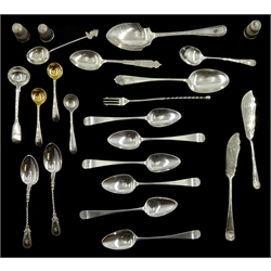 Set of six George III silver Old English pattern teaspoons by Peter & Ann Bateman, London 1796 and a collection of William IV and later hallmarked silver flatware including mustard spoons and thimbles, approx 7.9oz